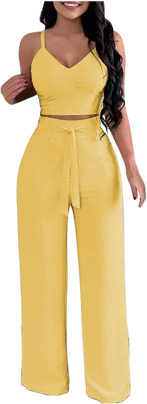 jsaierl Womens 2 Pieces Outfits Deep V Neck Crop Camisole Tops Tie Front Wide Leg Straight Pants Sets Jumpsuits