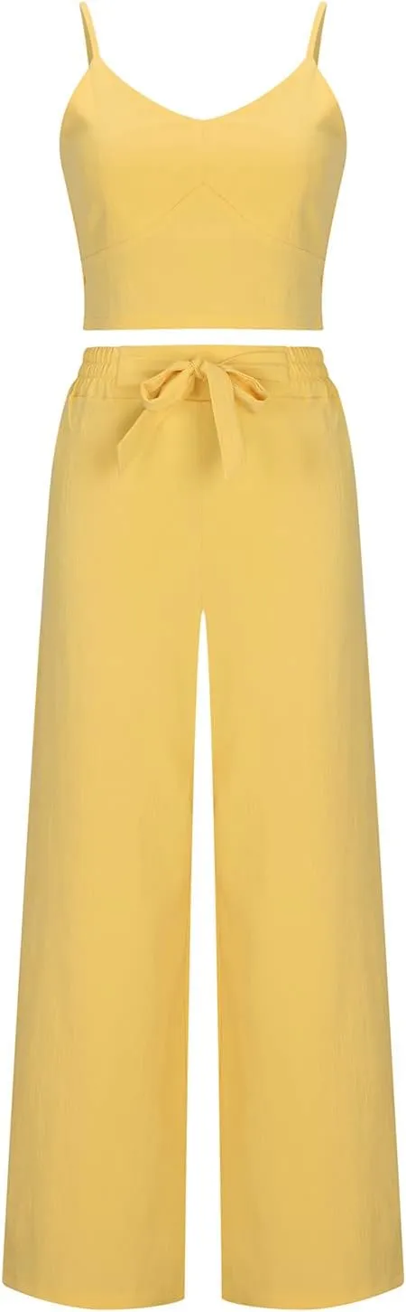 jsaierl Womens 2 Pieces Outfits Deep V Neck Crop Camisole Tops Tie Front Wide Leg Straight Pants Sets Jumpsuits