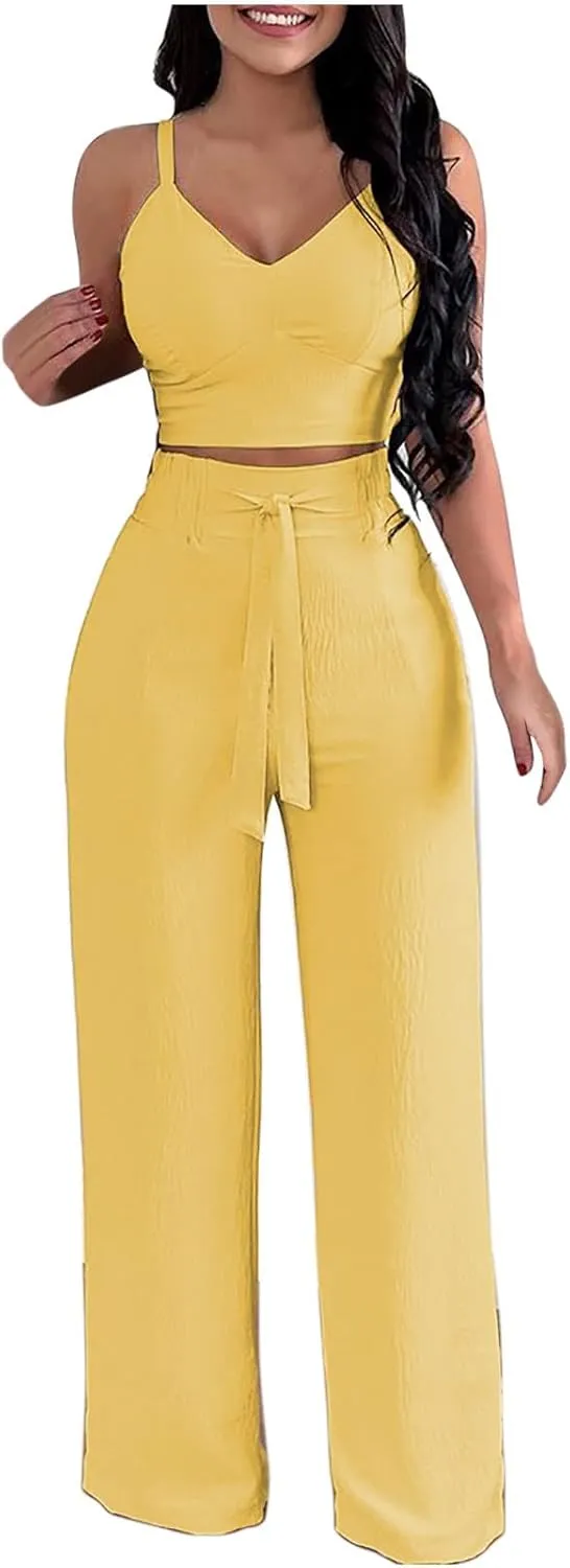 jsaierl Womens 2 Pieces Outfits Deep V Neck Crop Camisole Tops Tie Front Wide Leg Straight Pants Sets Jumpsuits