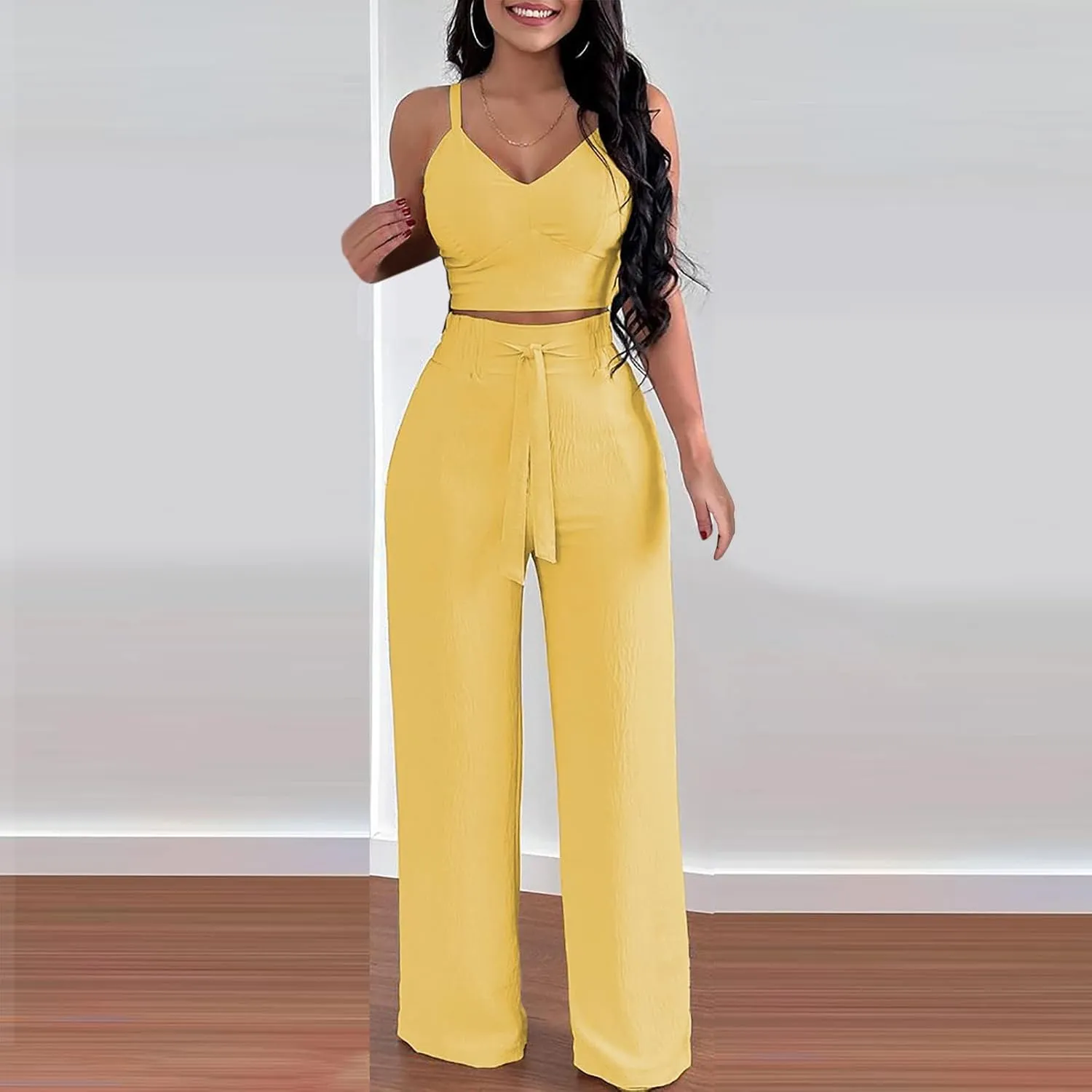 jsaierl Womens 2 Pieces Outfits Deep V Neck Crop Camisole Tops Tie Front Wide Leg Straight Pants Sets Jumpsuits