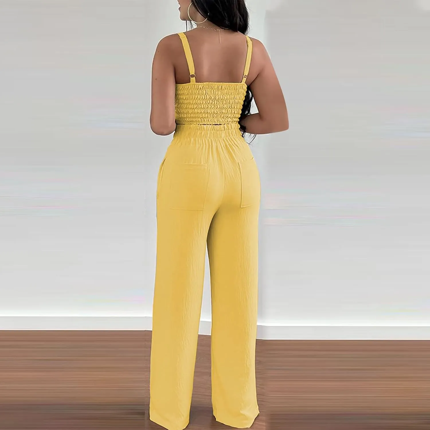 jsaierl Womens 2 Pieces Outfits Deep V Neck Crop Camisole Tops Tie Front Wide Leg Straight Pants Sets Jumpsuits