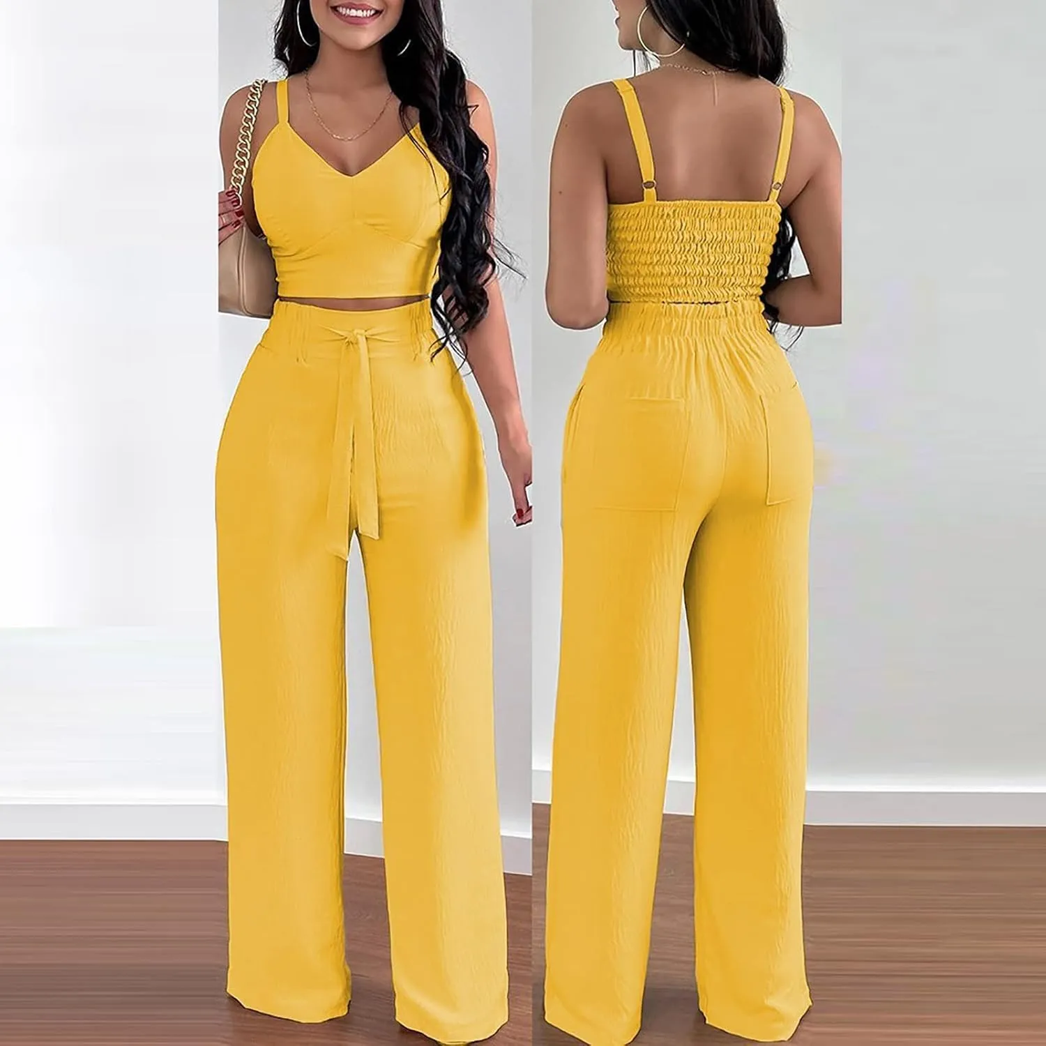 jsaierl Womens 2 Pieces Outfits Deep V Neck Crop Camisole Tops Tie Front Wide Leg Straight Pants Sets Jumpsuits