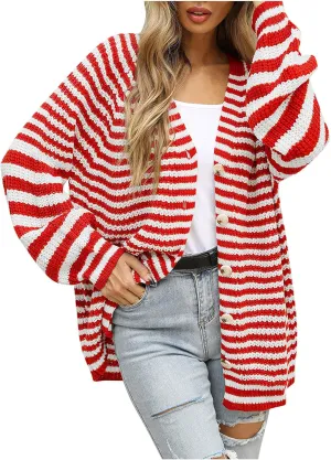 Ladies Multicolor Knitted Sweater Stitching Striped Cardigan Long-Sleeved Sweater Coat Womens Cardigans 2X