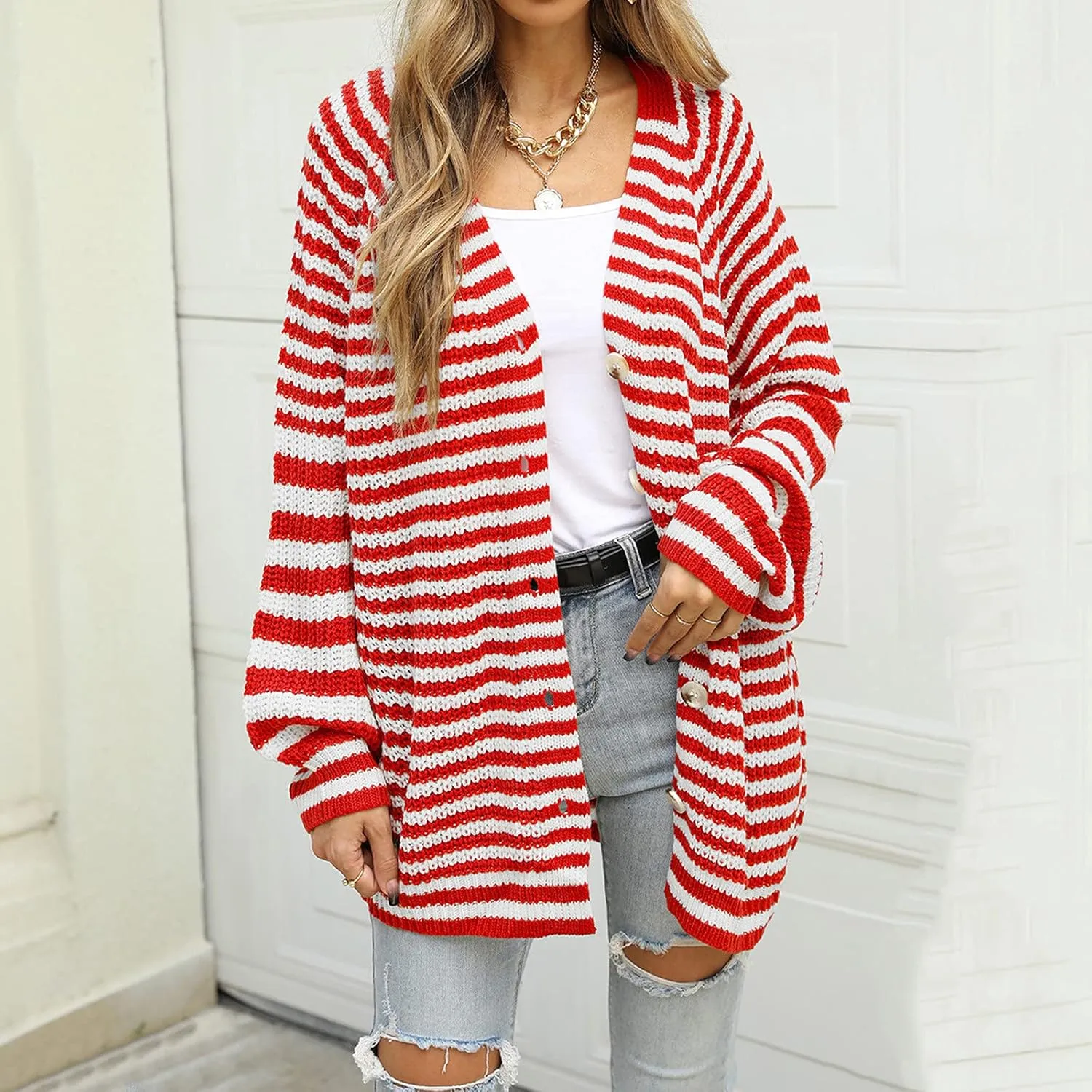 Ladies Multicolor Knitted Sweater Stitching Striped Cardigan Long-Sleeved Sweater Coat Womens Cardigans 2X