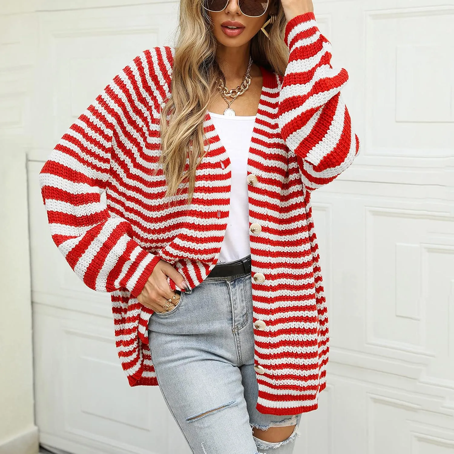 Ladies Multicolor Knitted Sweater Stitching Striped Cardigan Long-Sleeved Sweater Coat Womens Cardigans 2X