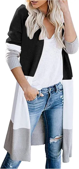 Ladies Multicolor Knitted Sweater Stitching Striped Cardigan Long-Sleeved Sweater Coat Womens Cardigans 2X
