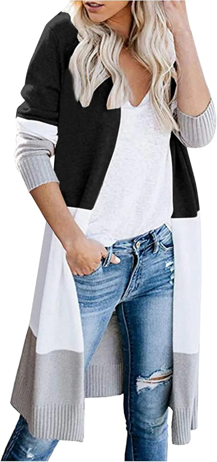 Ladies Multicolor Knitted Sweater Stitching Striped Cardigan Long-Sleeved Sweater Coat Womens Cardigans 2X