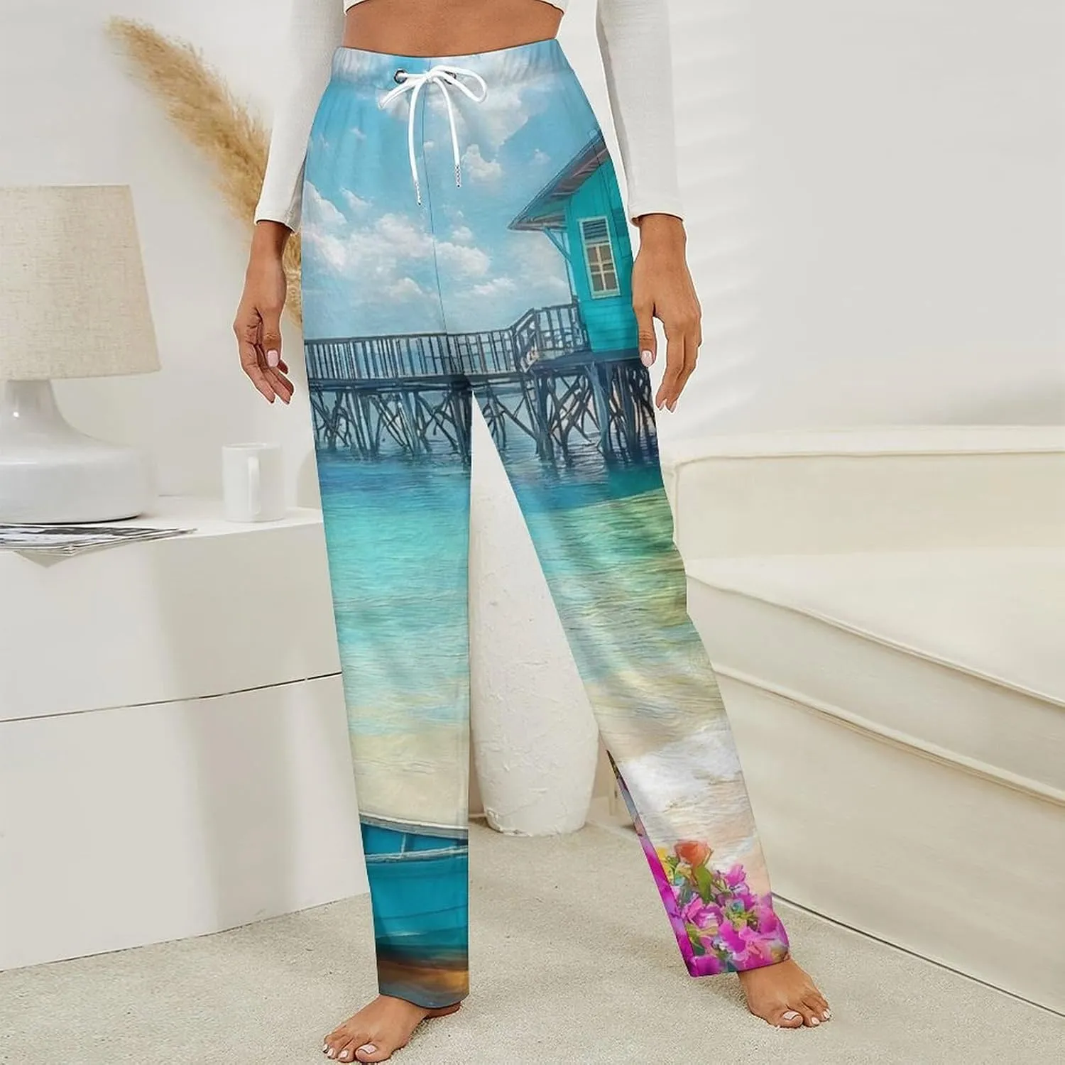 Landscape Beach Sail Boat Women's Pajama Pants Fleece Warm Pj Bottoms Sleepwear Lounge Pants Loungewear