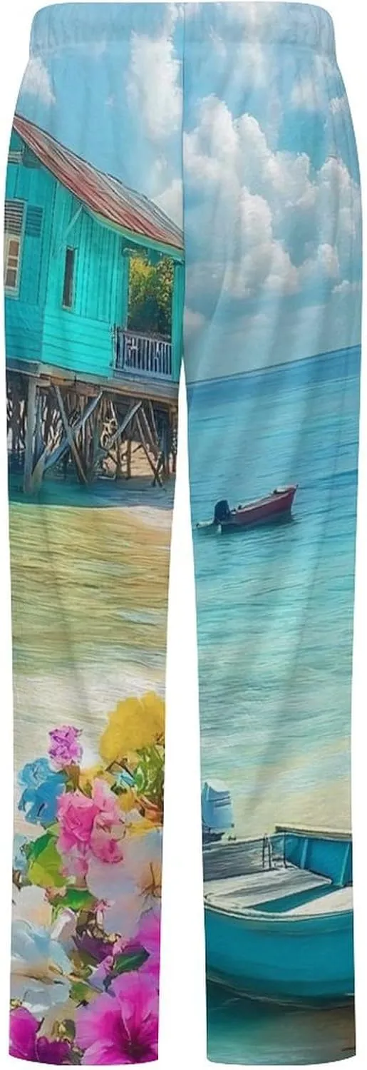 Landscape Beach Sail Boat Women's Pajama Pants Fleece Warm Pj Bottoms Sleepwear Lounge Pants Loungewear