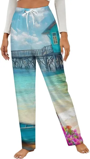 Landscape Beach Sail Boat Women's Pajama Pants Fleece Warm Pj Bottoms Sleepwear Lounge Pants Loungewear