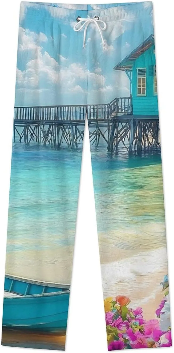 Landscape Beach Sail Boat Women's Pajama Pants Fleece Warm Pj Bottoms Sleepwear Lounge Pants Loungewear