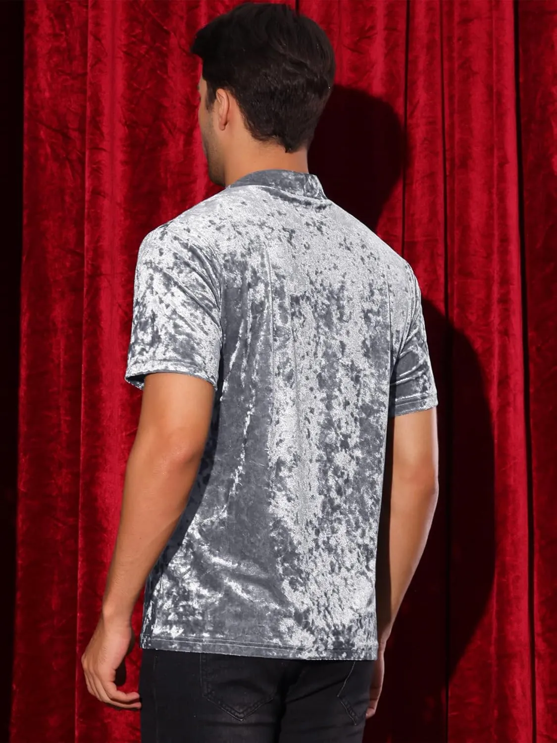 Lars Amadeus Velvet T-Shirts for Men's Short Sleeves Mock Neck Pullover Velour Tee Tops