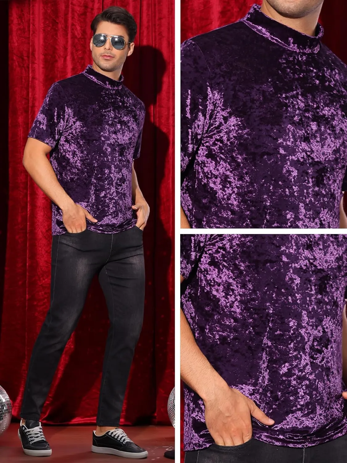 Lars Amadeus Velvet T-Shirts for Men's Short Sleeves Mock Neck Pullover Velour Tee Tops