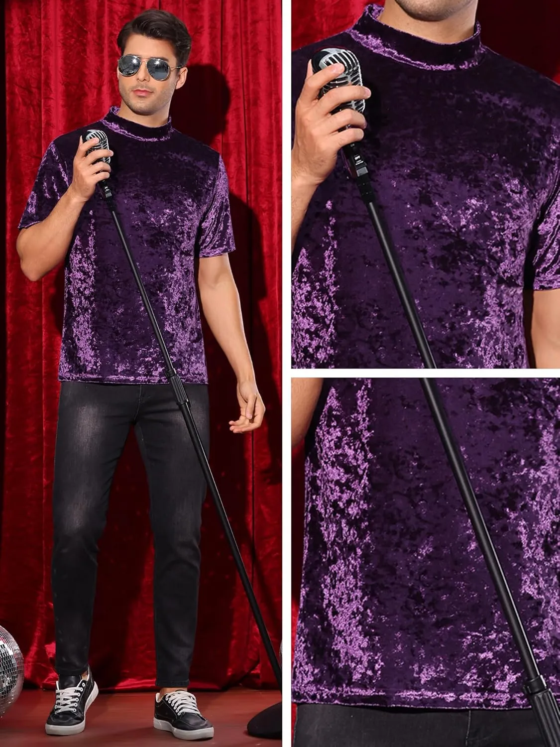 Lars Amadeus Velvet T-Shirts for Men's Short Sleeves Mock Neck Pullover Velour Tee Tops