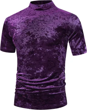 Lars Amadeus Velvet T-Shirts for Men's Short Sleeves Mock Neck Pullover Velour Tee Tops