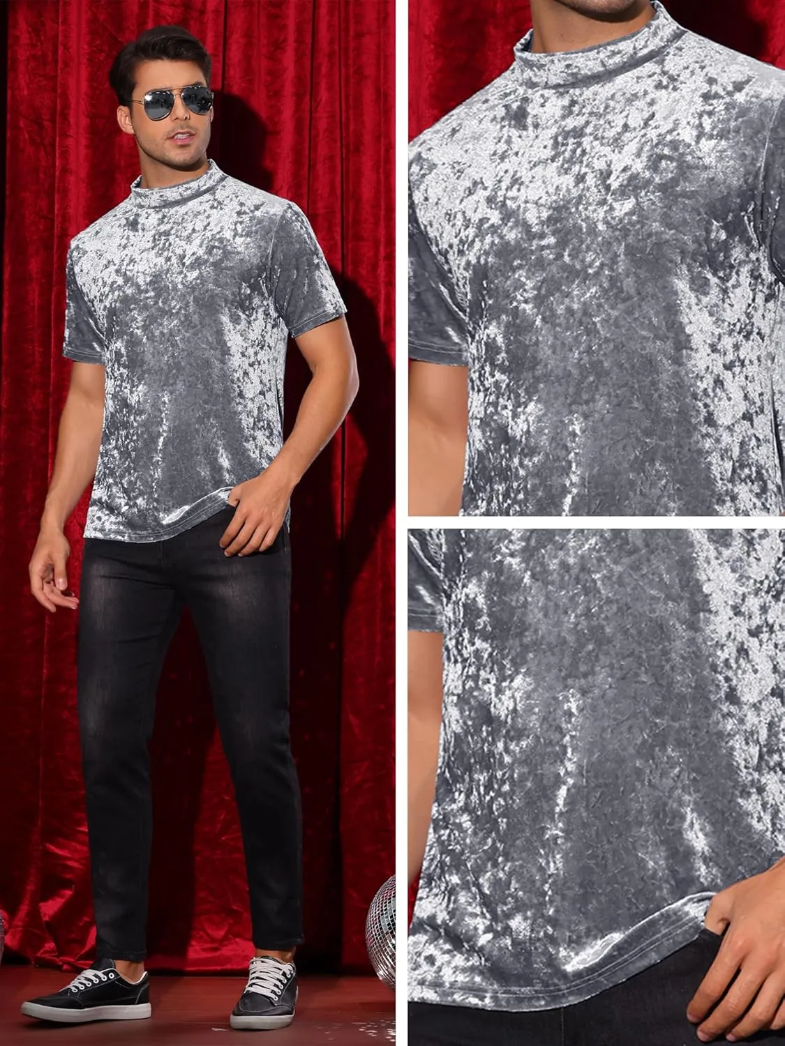 Lars Amadeus Velvet T-Shirts for Men's Short Sleeves Mock Neck Pullover Velour Tee Tops