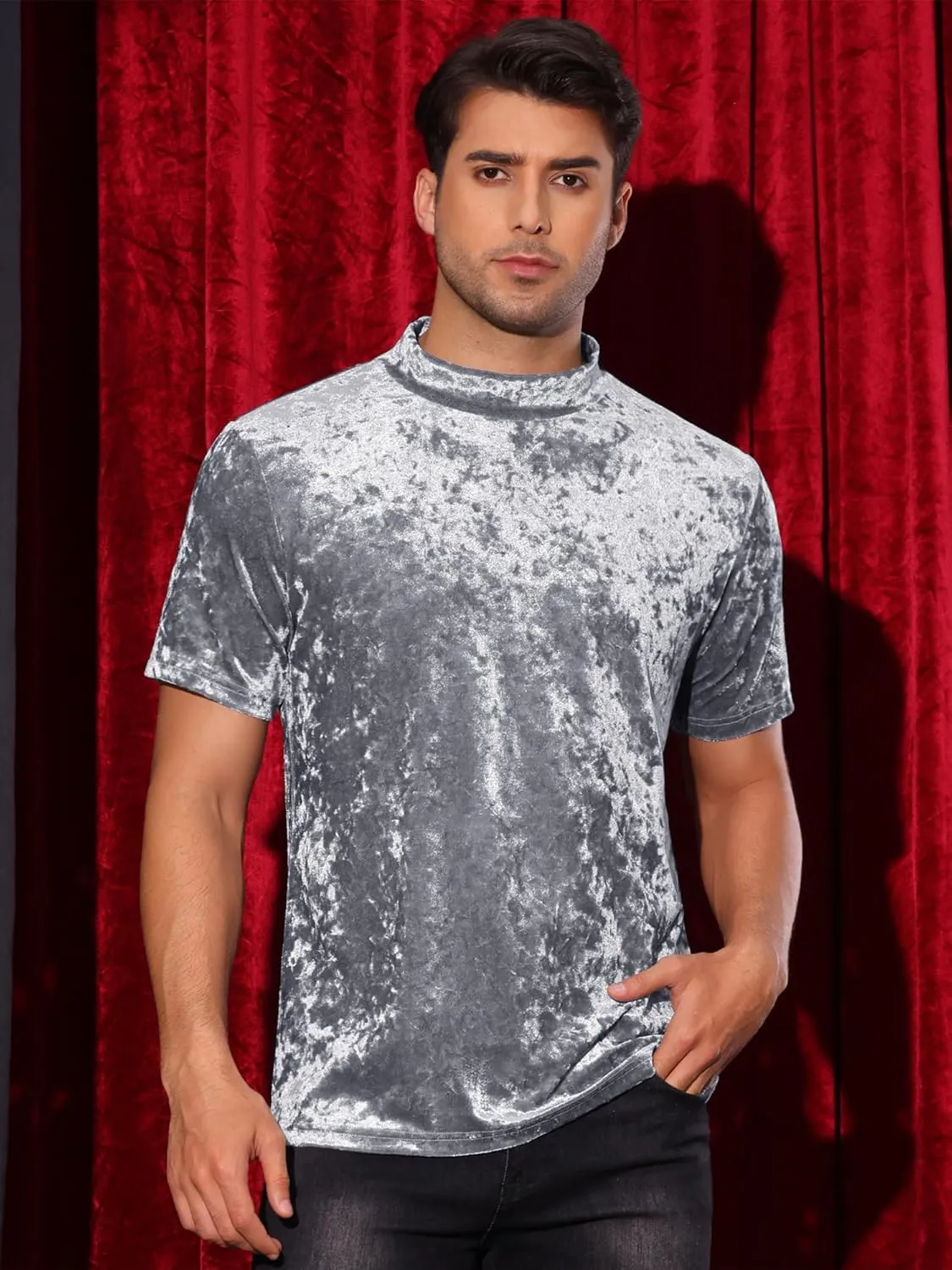 Lars Amadeus Velvet T-Shirts for Men's Short Sleeves Mock Neck Pullover Velour Tee Tops