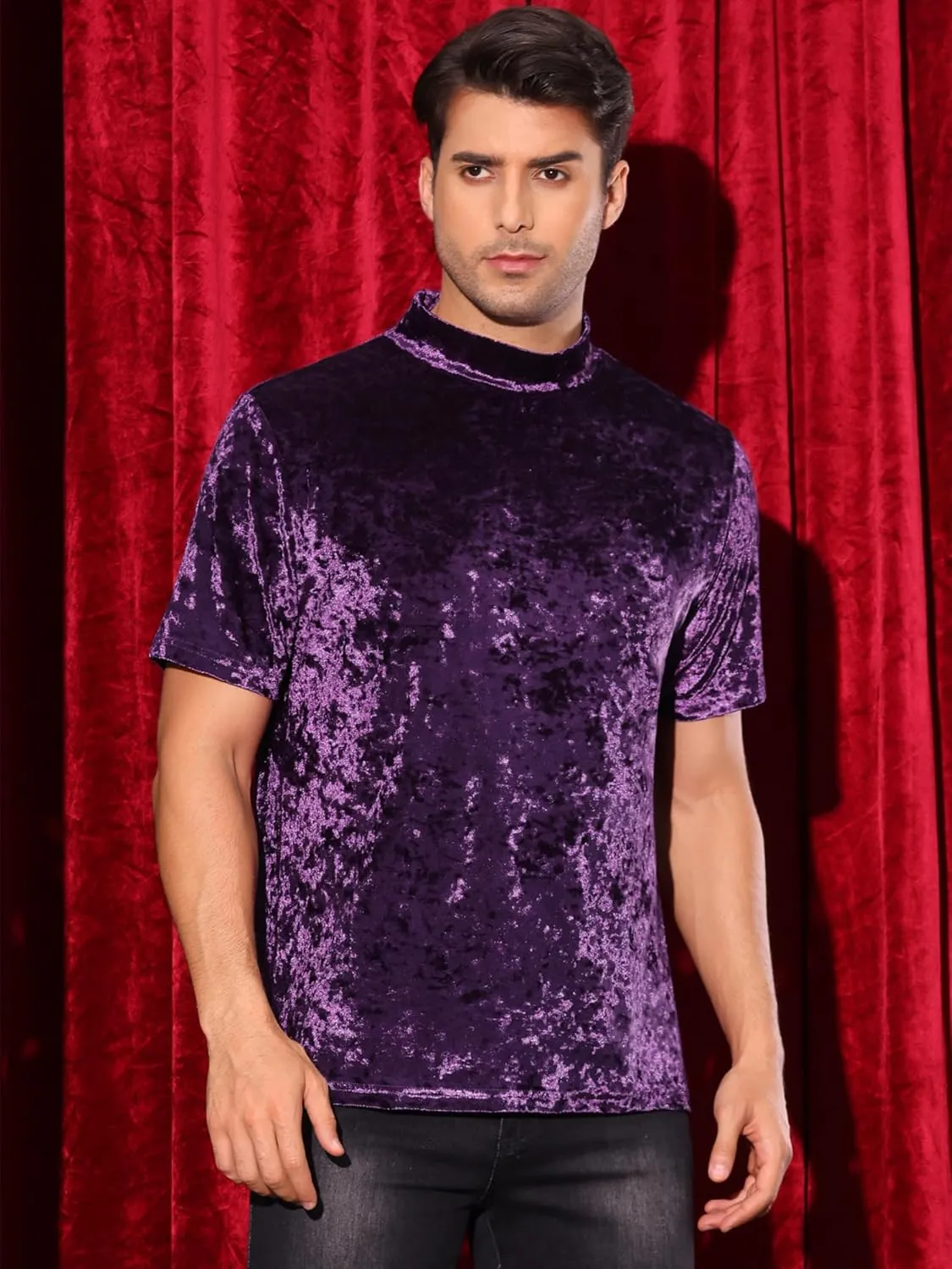 Lars Amadeus Velvet T-Shirts for Men's Short Sleeves Mock Neck Pullover Velour Tee Tops