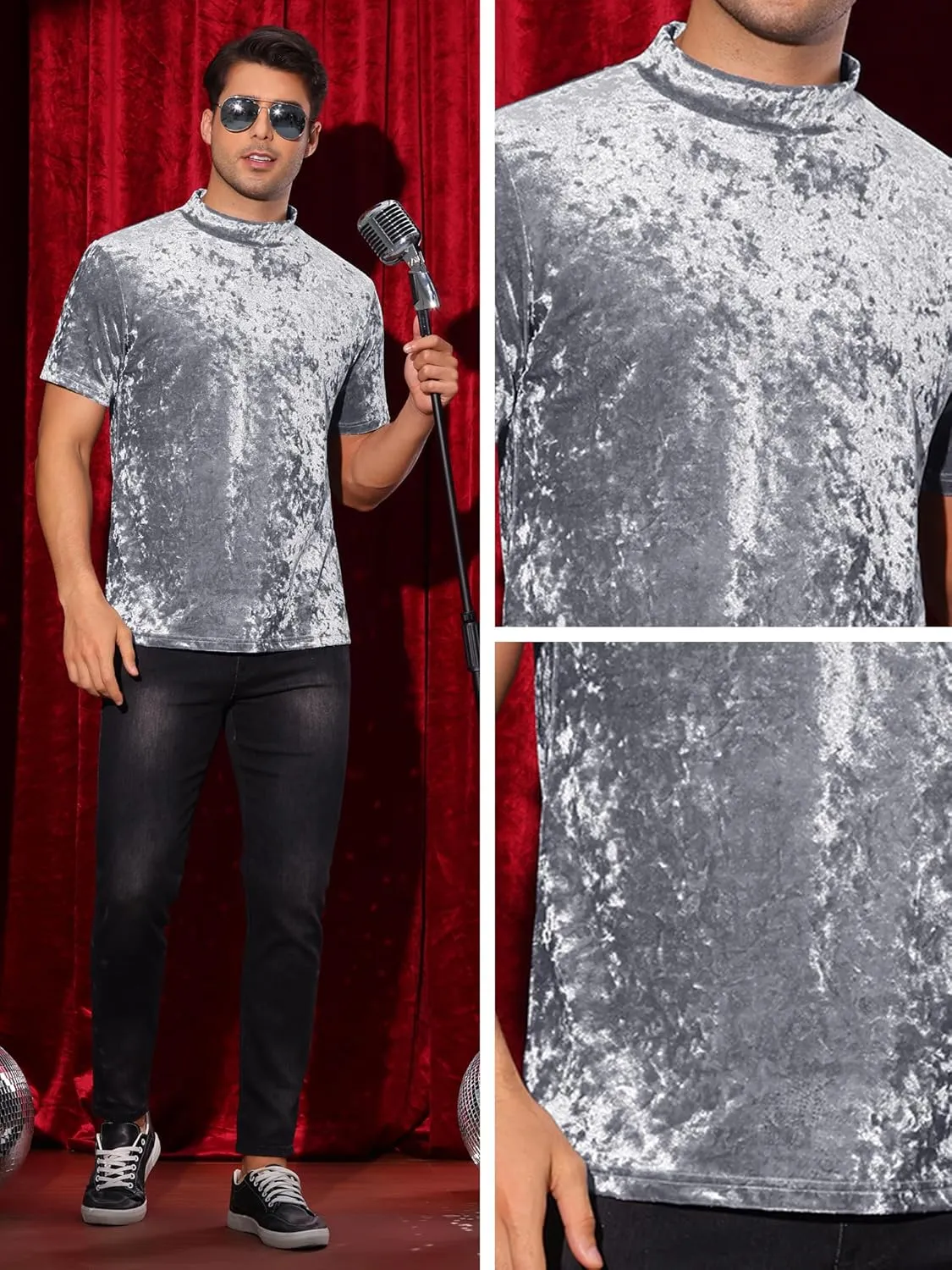 Lars Amadeus Velvet T-Shirts for Men's Short Sleeves Mock Neck Pullover Velour Tee Tops