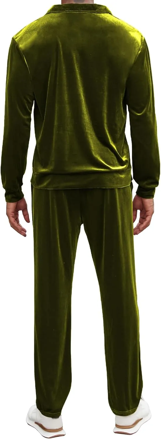 LecGee Men's 2 Piece Long Sleeve Tracksuit Velvet Quarter Zip Shirt Elastic Pant Velour Fall Casual Outfit Sweatsuit Set