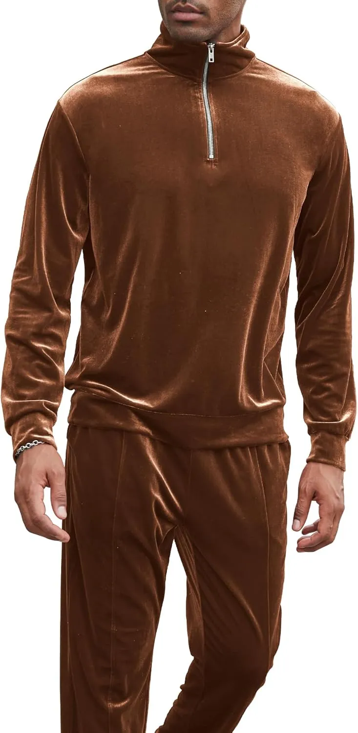 LecGee Men's 2 Piece Long Sleeve Tracksuit Velvet Quarter Zip Shirt Elastic Pant Velour Fall Casual Outfit Sweatsuit Set