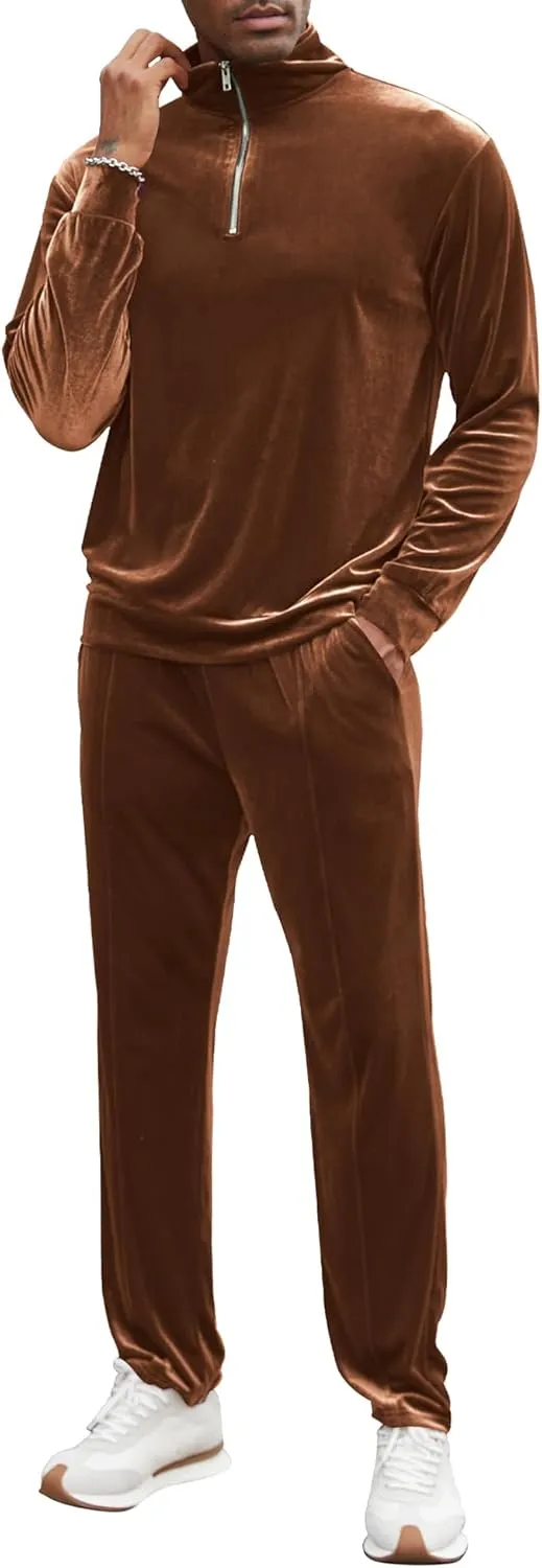 LecGee Men's 2 Piece Long Sleeve Tracksuit Velvet Quarter Zip Shirt Elastic Pant Velour Fall Casual Outfit Sweatsuit Set