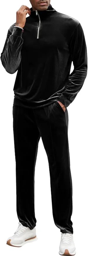 LecGee Men's 2 Piece Long Sleeve Tracksuit Velvet Quarter Zip Shirt Elastic Pant Velour Fall Casual Outfit Sweatsuit Set
