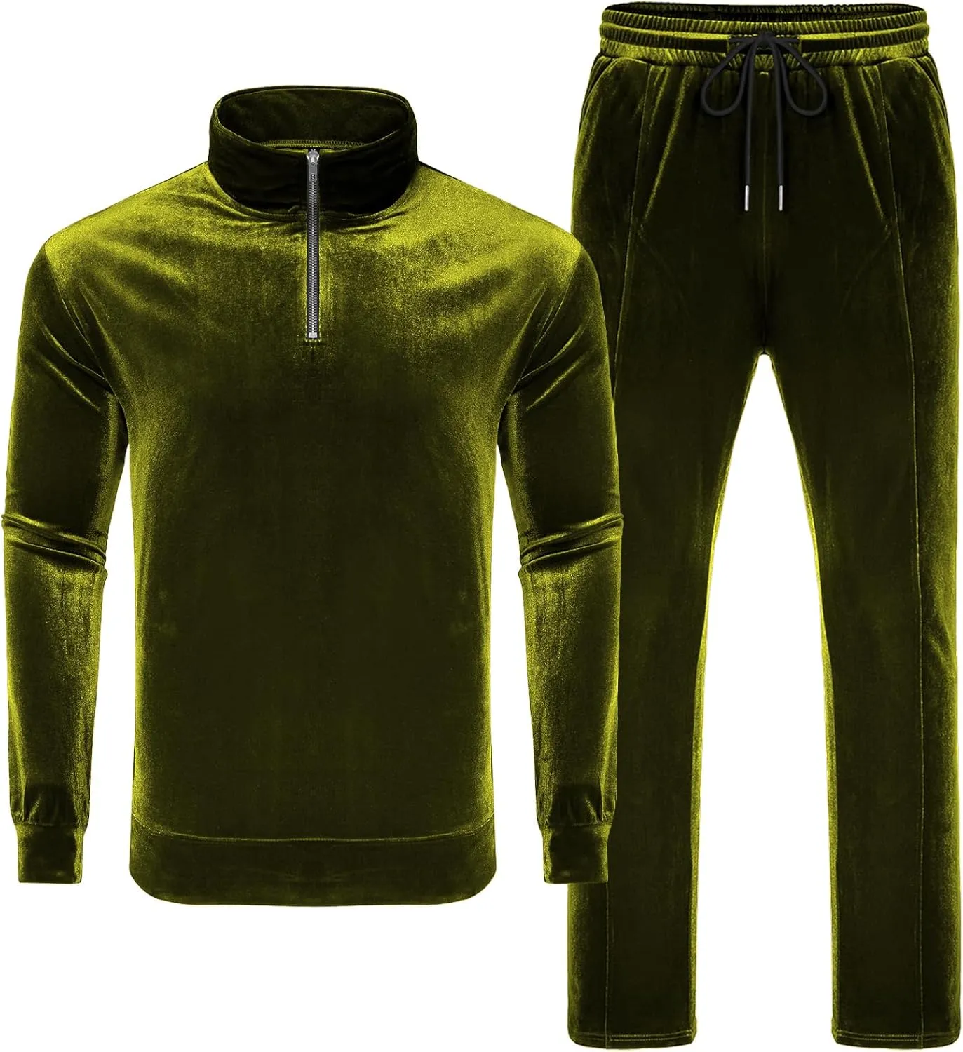 LecGee Men's 2 Piece Long Sleeve Tracksuit Velvet Quarter Zip Shirt Elastic Pant Velour Fall Casual Outfit Sweatsuit Set