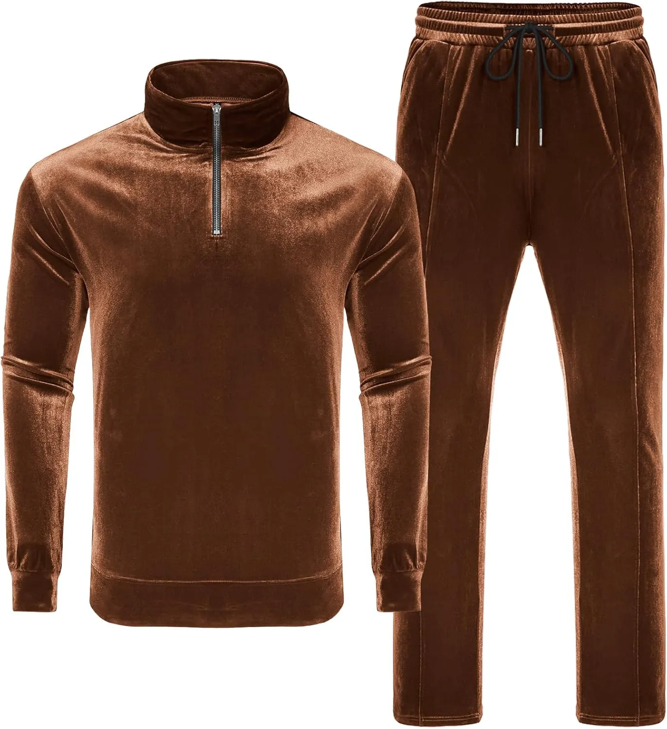LecGee Men's 2 Piece Long Sleeve Tracksuit Velvet Quarter Zip Shirt Elastic Pant Velour Fall Casual Outfit Sweatsuit Set