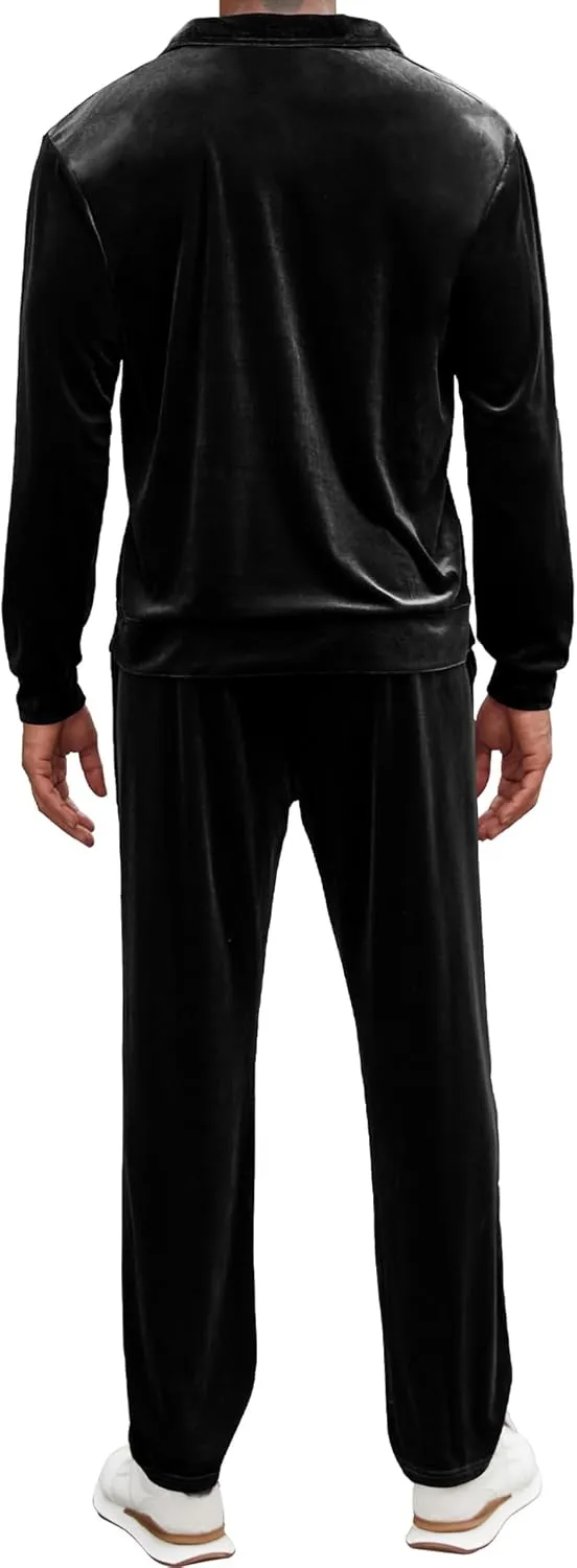LecGee Men's 2 Piece Long Sleeve Tracksuit Velvet Quarter Zip Shirt Elastic Pant Velour Fall Casual Outfit Sweatsuit Set