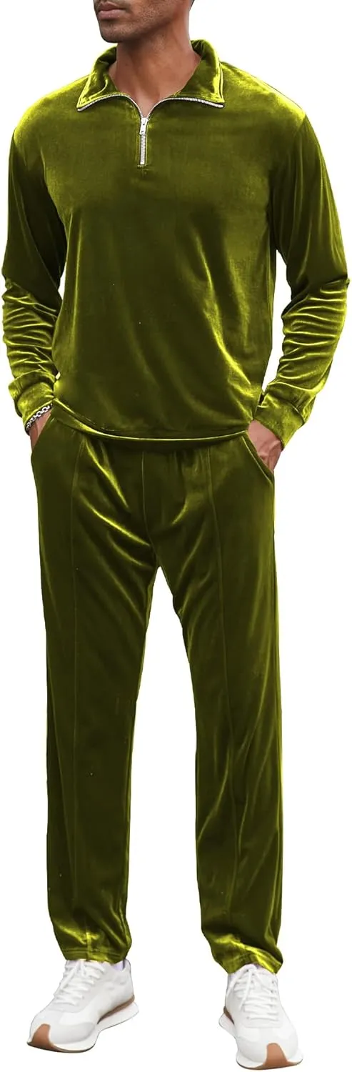 LecGee Men's 2 Piece Long Sleeve Tracksuit Velvet Quarter Zip Shirt Elastic Pant Velour Fall Casual Outfit Sweatsuit Set