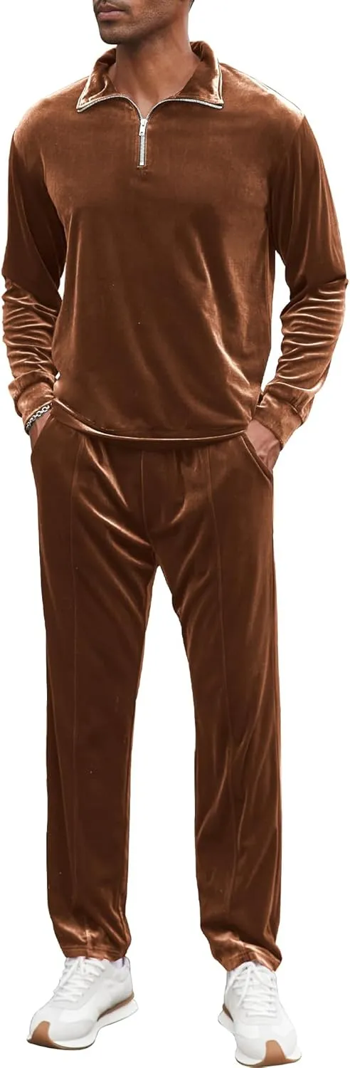 LecGee Men's 2 Piece Long Sleeve Tracksuit Velvet Quarter Zip Shirt Elastic Pant Velour Fall Casual Outfit Sweatsuit Set