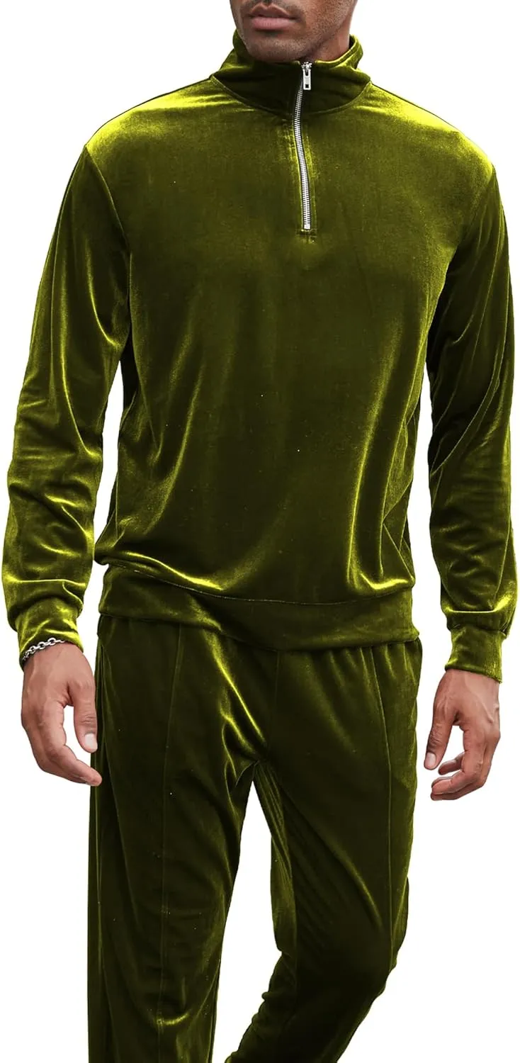 LecGee Men's 2 Piece Long Sleeve Tracksuit Velvet Quarter Zip Shirt Elastic Pant Velour Fall Casual Outfit Sweatsuit Set