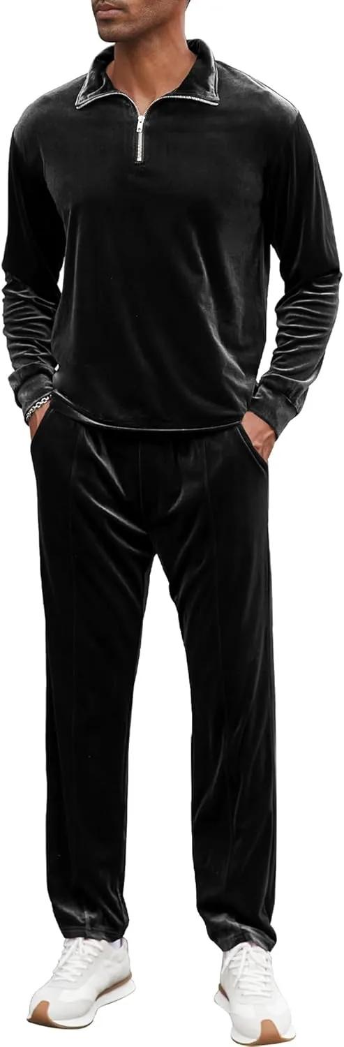 LecGee Men's 2 Piece Long Sleeve Tracksuit Velvet Quarter Zip Shirt Elastic Pant Velour Fall Casual Outfit Sweatsuit Set
