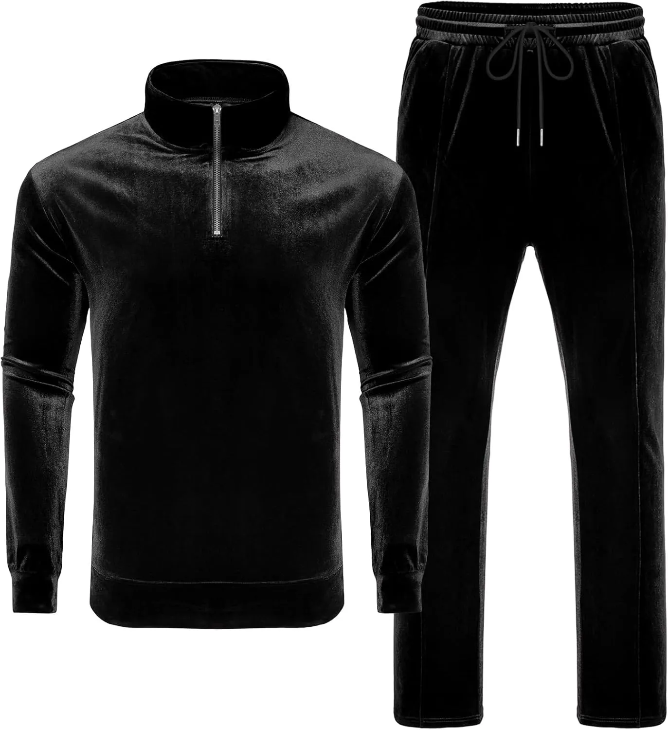 LecGee Men's 2 Piece Long Sleeve Tracksuit Velvet Quarter Zip Shirt Elastic Pant Velour Fall Casual Outfit Sweatsuit Set