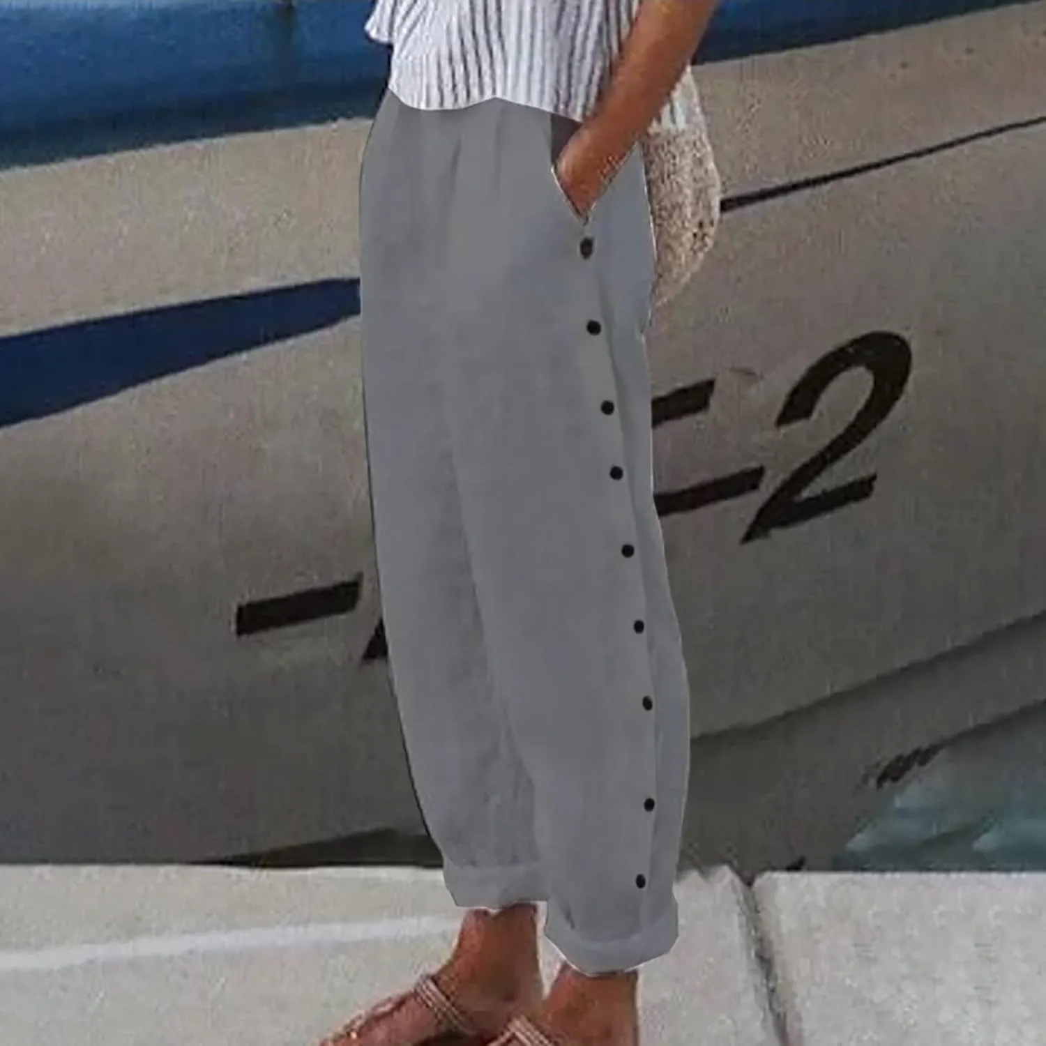 Linen Capris for Women Elastic Waist Drawstring Side Button Trendy Straight Leg Baggy Pants with Pocket