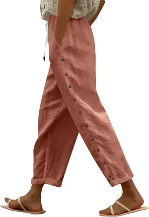 Linen Capris for Women Elastic Waist Drawstring Side Button Trendy Straight Leg Baggy Pants with Pocket