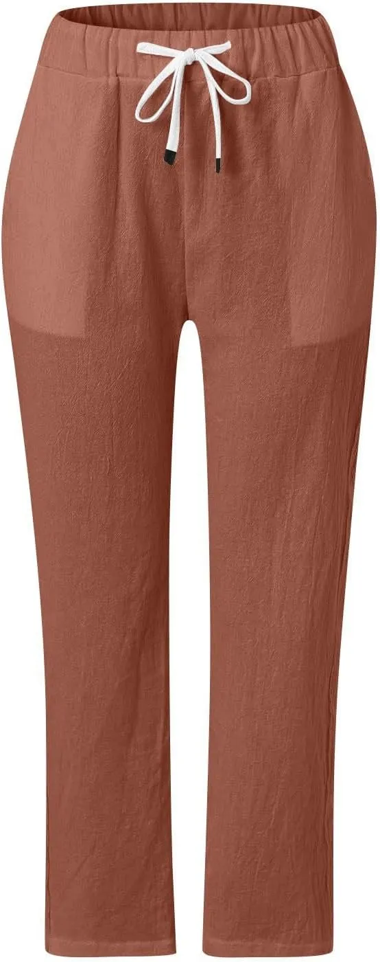 Linen Capris for Women Elastic Waist Drawstring Side Button Trendy Straight Leg Baggy Pants with Pocket