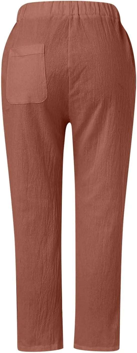 Linen Capris for Women Elastic Waist Drawstring Side Button Trendy Straight Leg Baggy Pants with Pocket