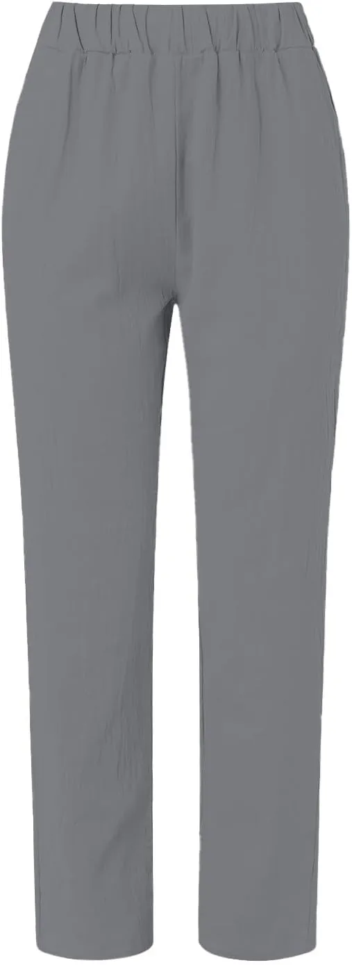 Linen Capris for Women Elastic Waist Drawstring Side Button Trendy Straight Leg Baggy Pants with Pocket