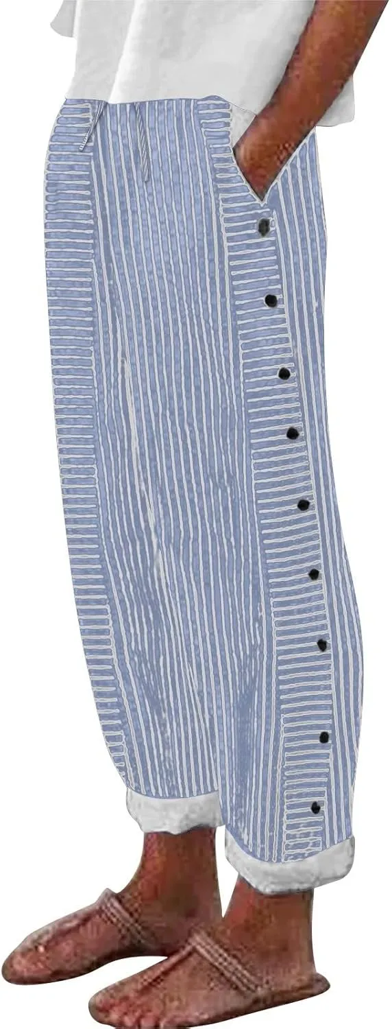 Linen Pants Women Summer Petite Striped Pants Ladies Gauze Pant Women's Pull On Trousers for Women Striped Pants