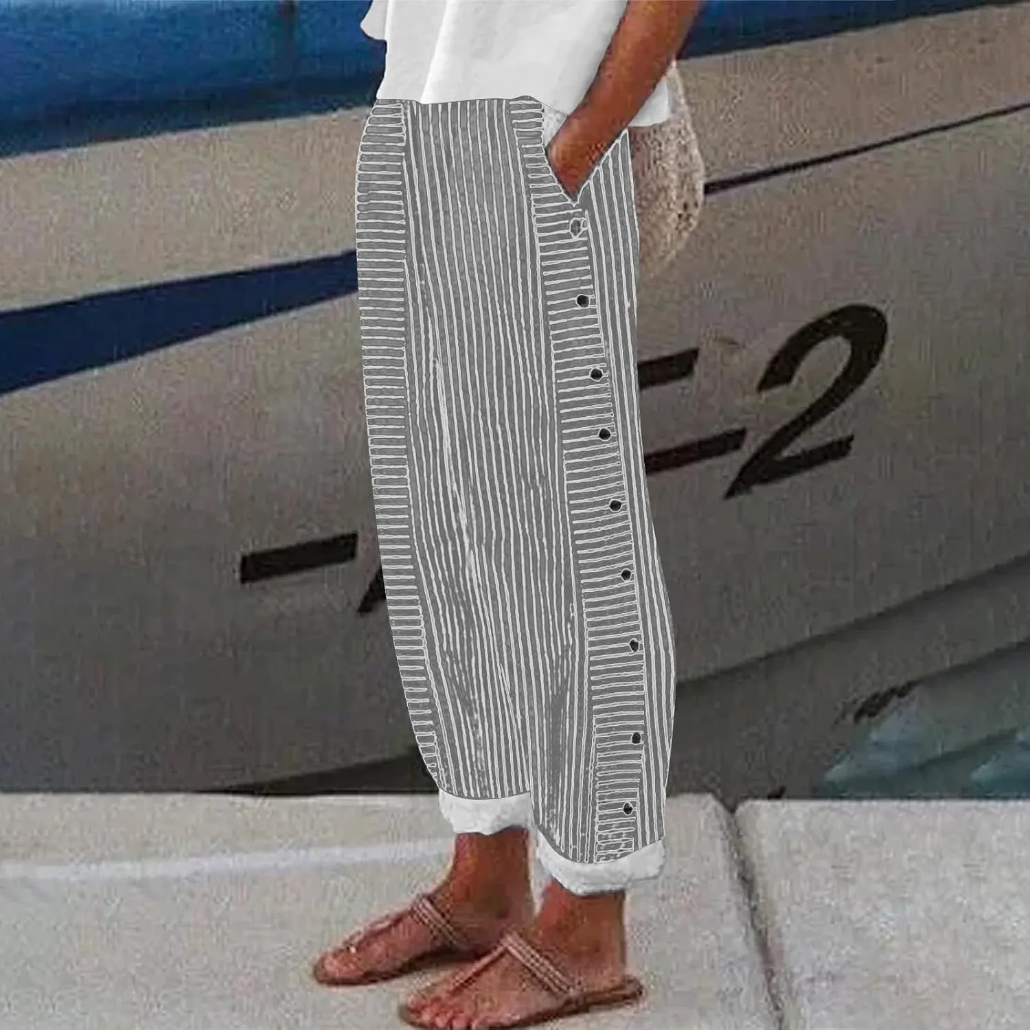 Linen Pants Women Summer Petite Striped Pants Ladies Gauze Pant Women's Pull On Trousers for Women Striped Pants