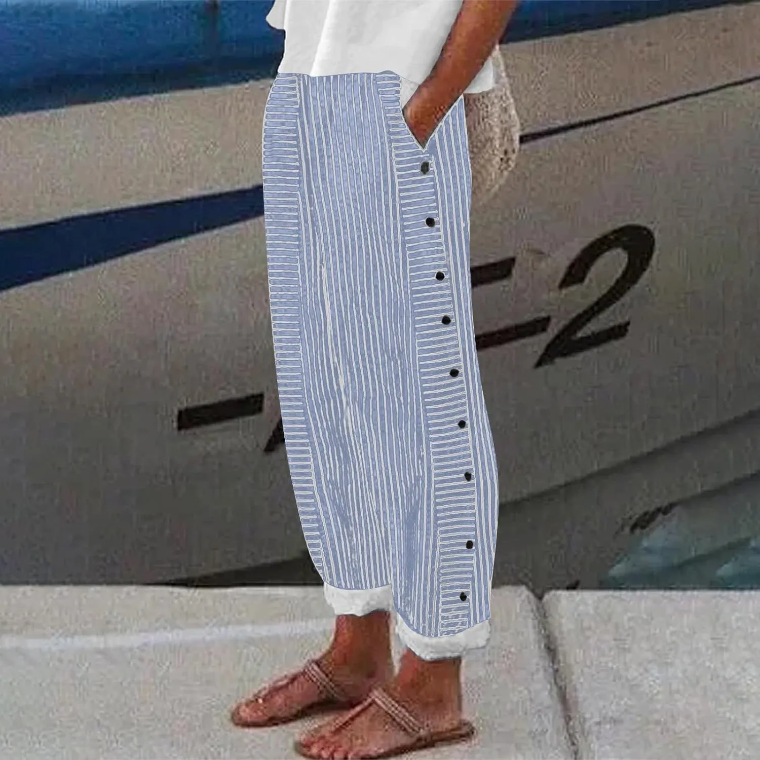 Linen Pants Women Summer Petite Striped Pants Ladies Gauze Pant Women's Pull On Trousers for Women Striped Pants