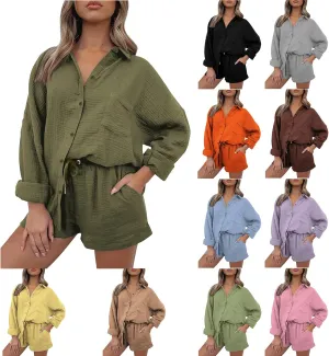 Linen Sets for Women 2 Piece Button Down Long Sleeve Shirts and Drawstring Shorts Set Matching Summer Lounge Sets