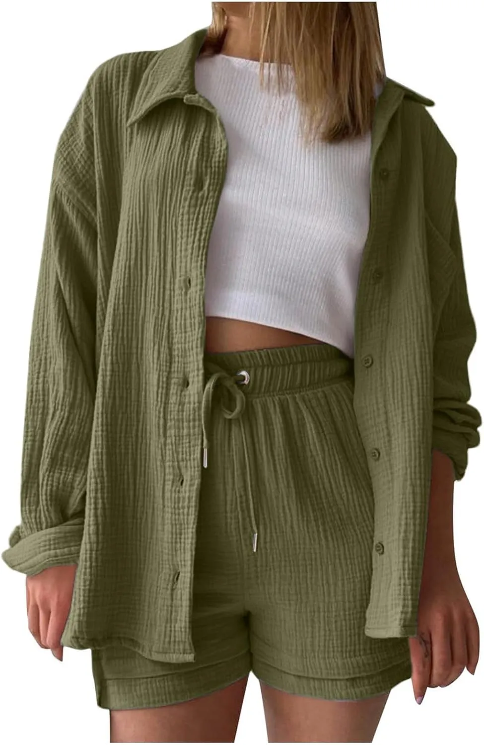 Linen Sets for Women 2 Piece Button Down Long Sleeve Shirts and Drawstring Shorts Set Matching Summer Lounge Sets