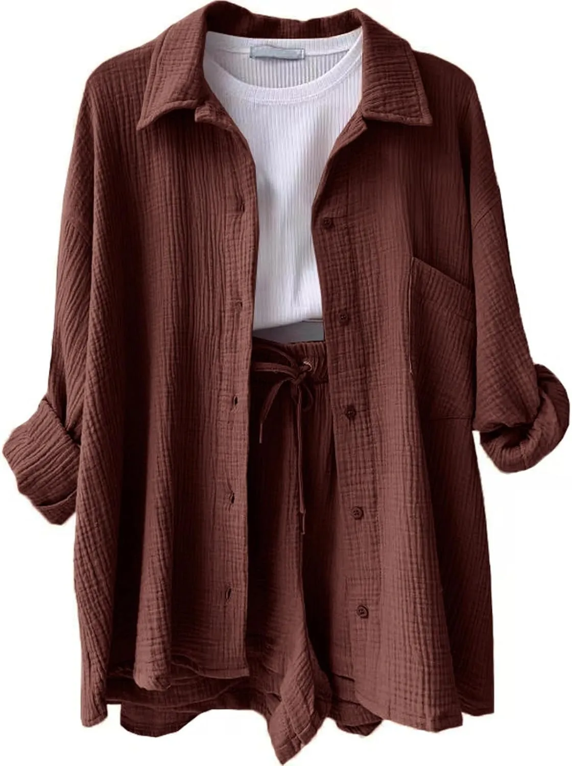 Linen Sets for Women 2 Piece Button Down Long Sleeve Shirts and Drawstring Shorts Set Matching Summer Lounge Sets