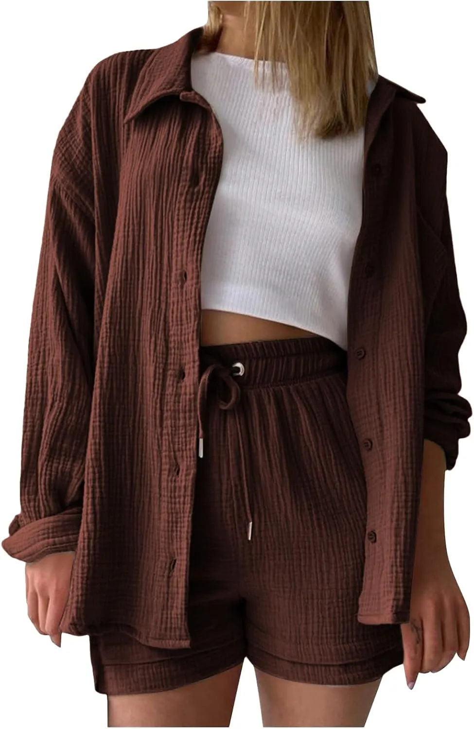 Linen Sets for Women 2 Piece Button Down Long Sleeve Shirts and Drawstring Shorts Set Matching Summer Lounge Sets