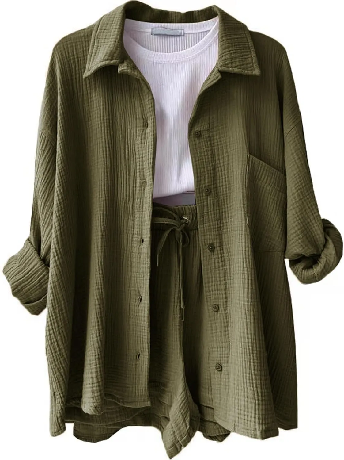Linen Sets for Women 2 Piece Button Down Long Sleeve Shirts and Drawstring Shorts Set Matching Summer Lounge Sets