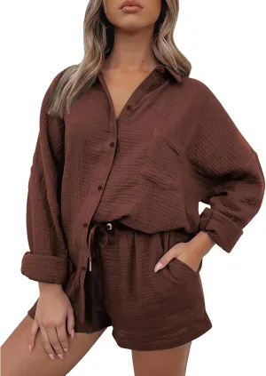 Linen Sets for Women 2 Piece Button Down Long Sleeve Shirts and Drawstring Shorts Set Matching Summer Lounge Sets