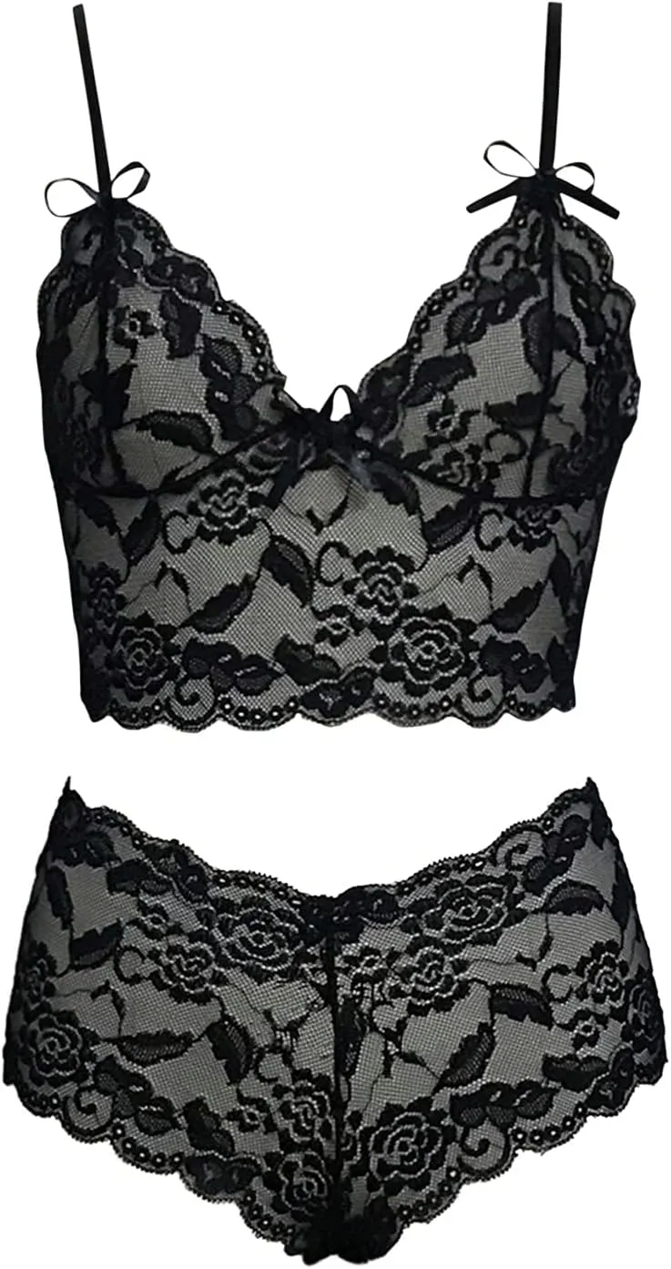 Lingerie for Women Sexy Slutty Floral Embroidery Babydoll Chemise Bralette Bikini Two Piece